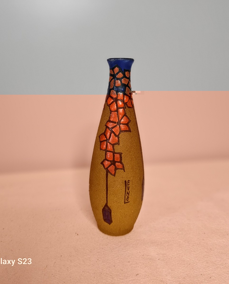 Verrerie De Leune Small Enamelled Art Deco Soliflore Vase