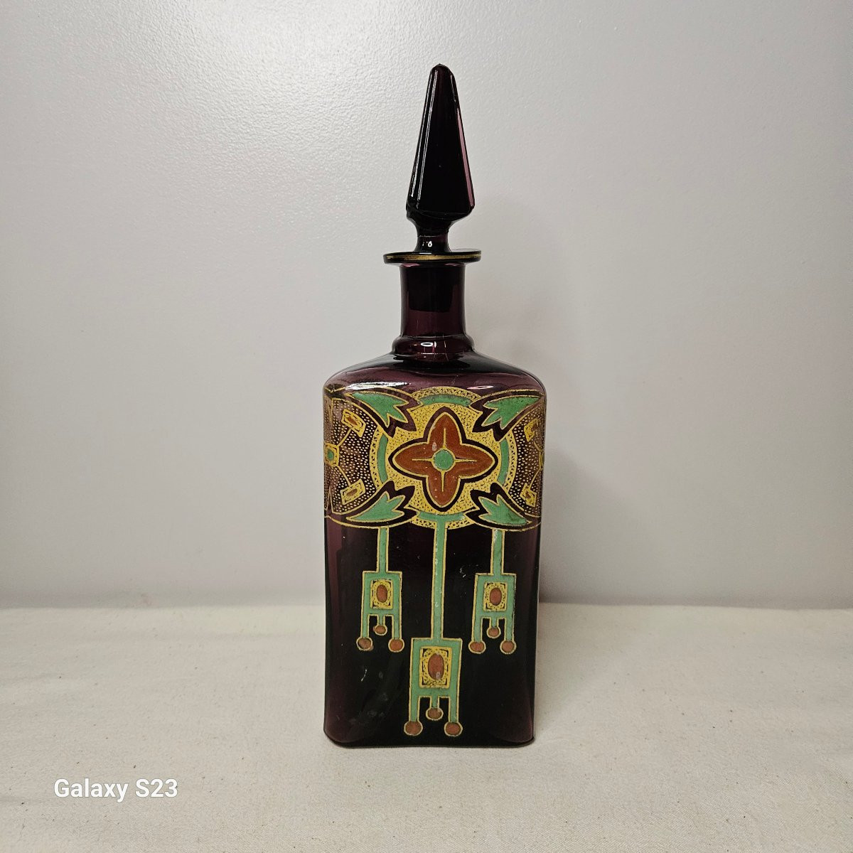 Legras art déco flacon carafe triangulaire verre émaillé Ht 33.5 cm 1/2-photo-2