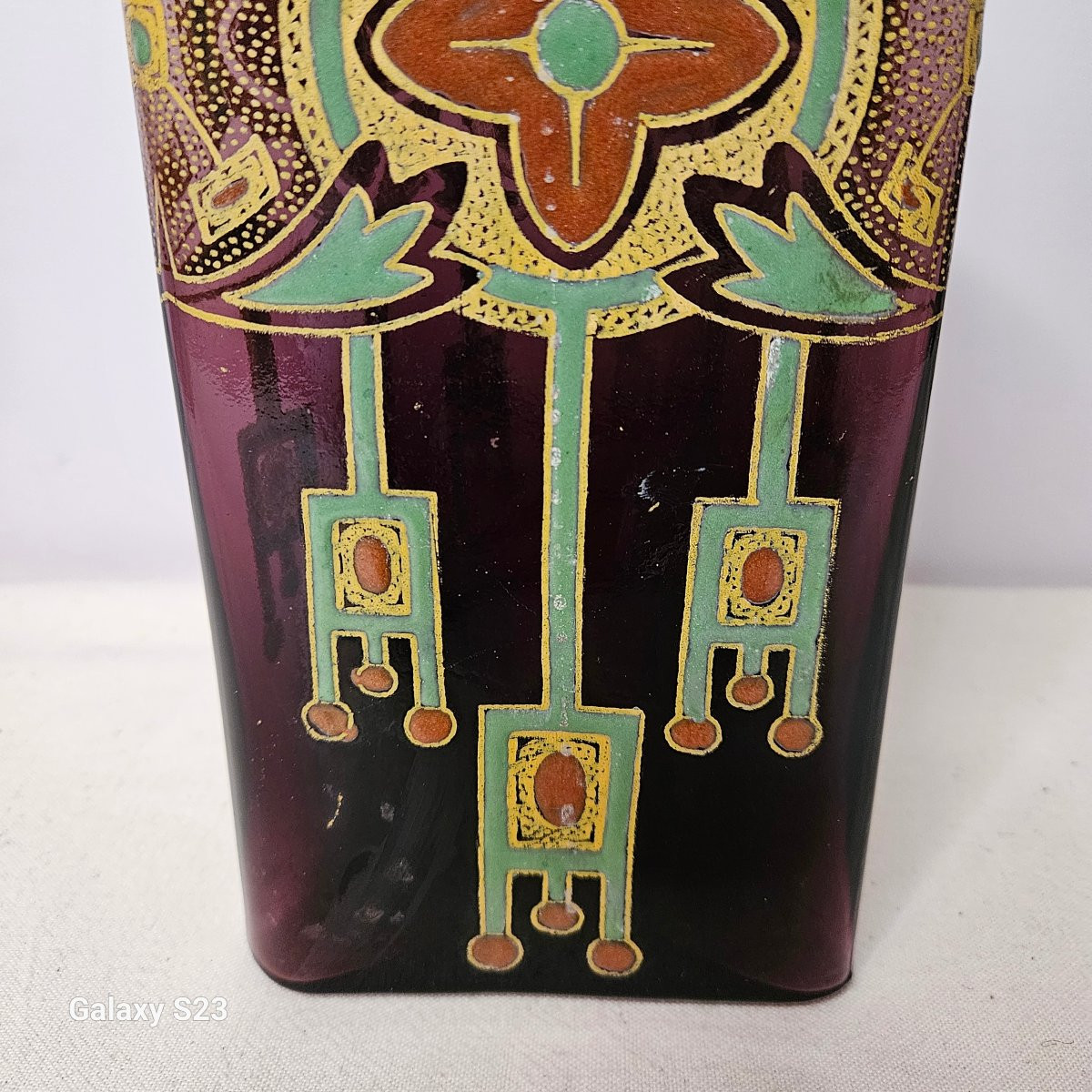 Legras art déco flacon carafe triangulaire verre émaillé Ht 33.5 cm 1/2-photo-3