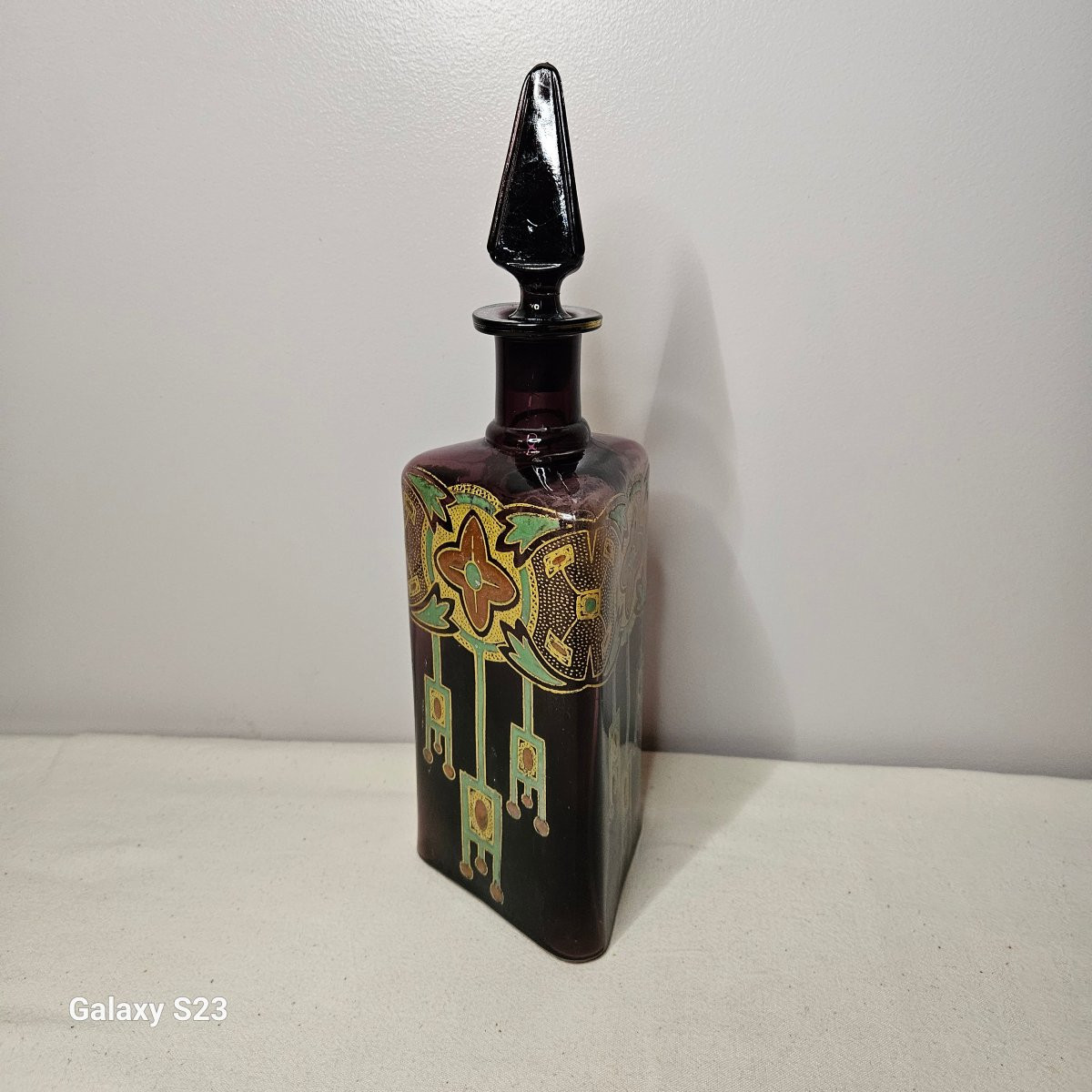 Legras art déco flacon carafe triangulaire verre émaillé Ht 33.5 cm 1/2-photo-5