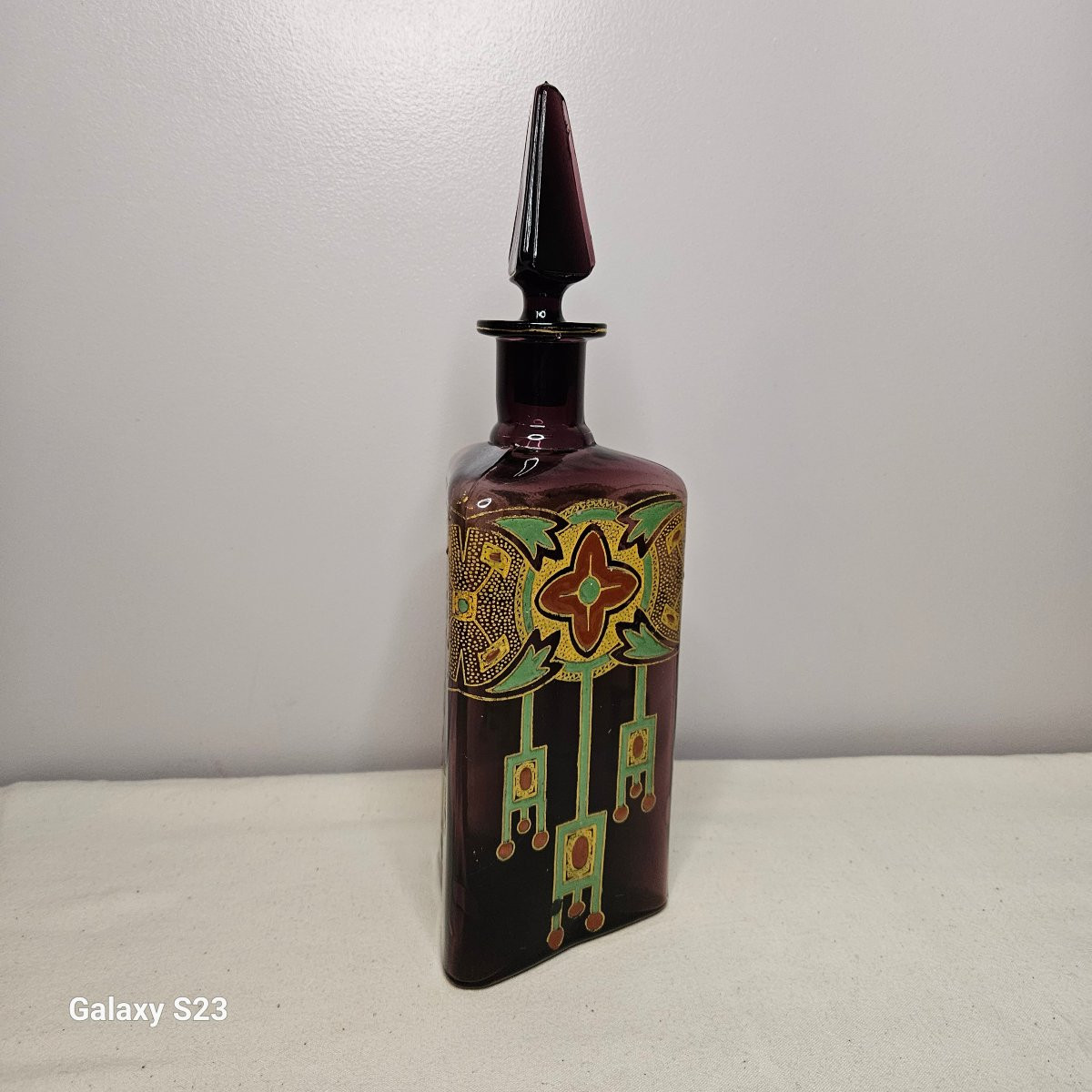 Legras art déco flacon carafe triangulaire verre émaillé Ht 33.5 cm 2/2-photo-2