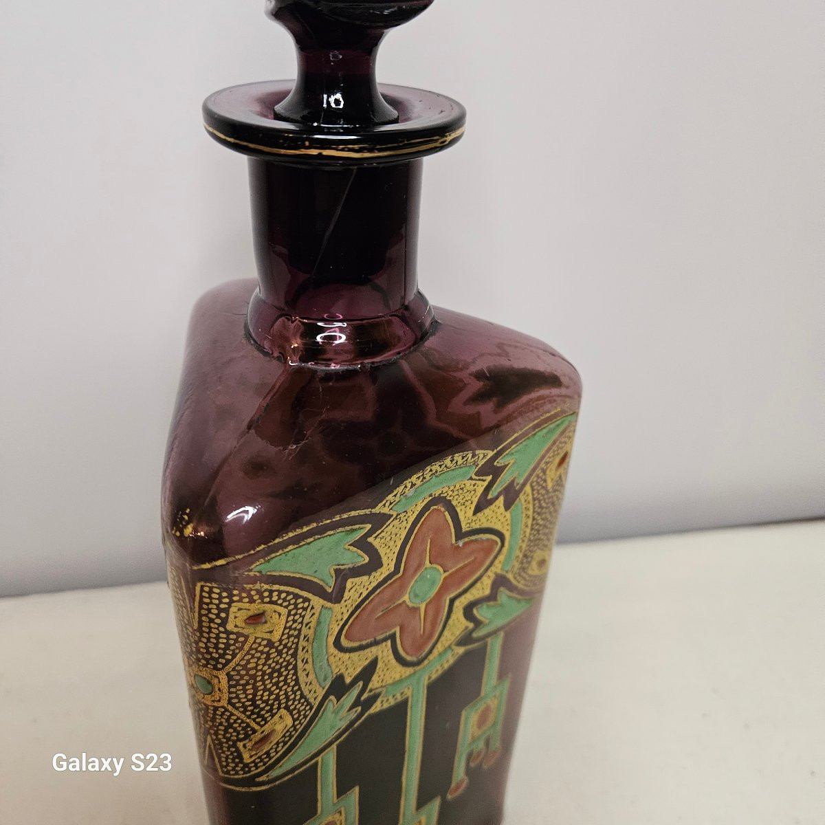 Legras art déco flacon carafe triangulaire verre émaillé Ht 33.5 cm 2/2-photo-3