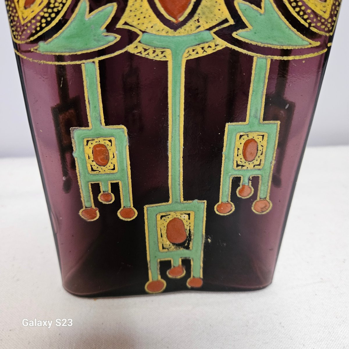 Legras art déco flacon carafe triangulaire verre émaillé Ht 33.5 cm 2/2-photo-1