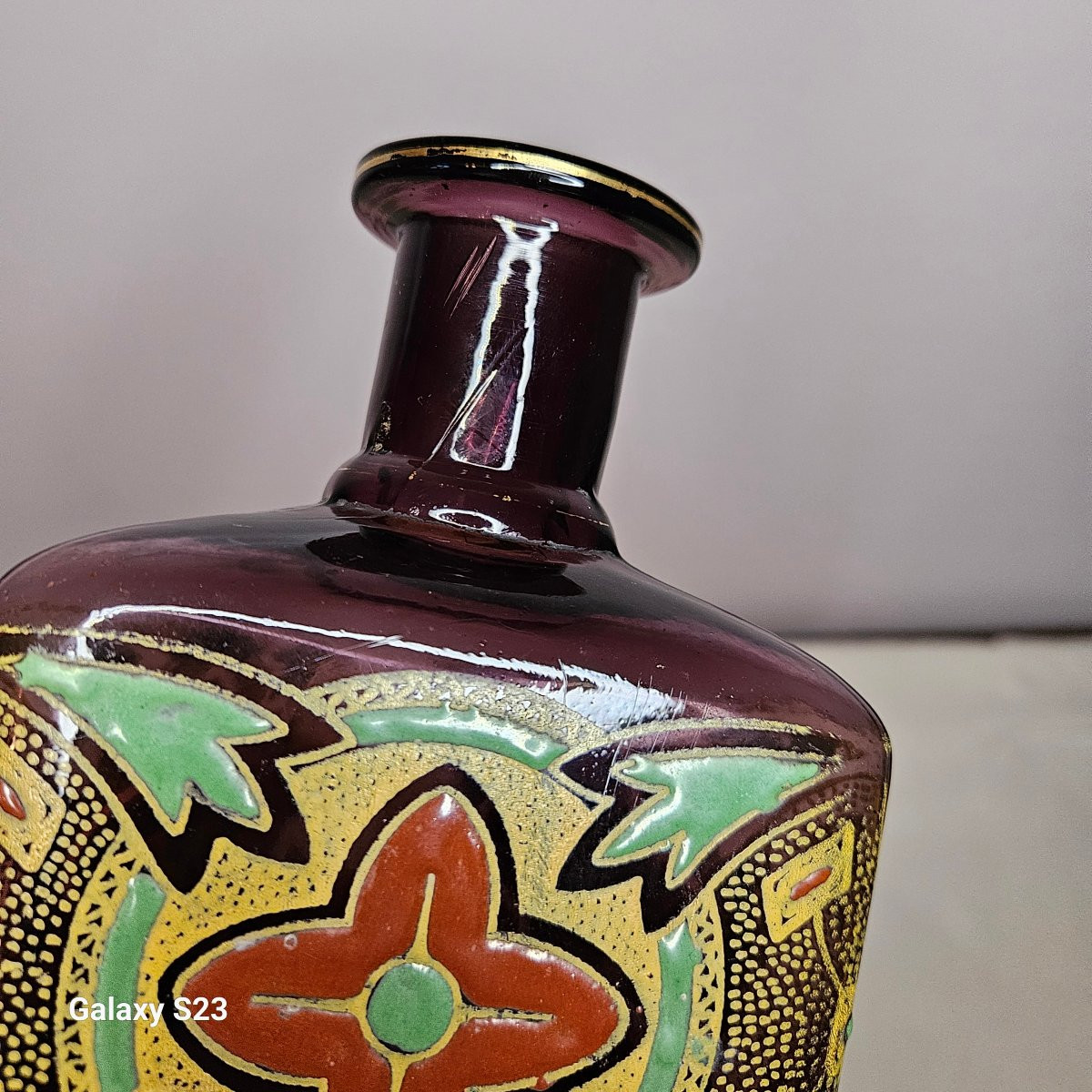 Legras art déco flacon carafe triangulaire verre émaillé Ht 33.5 cm 2/2-photo-2