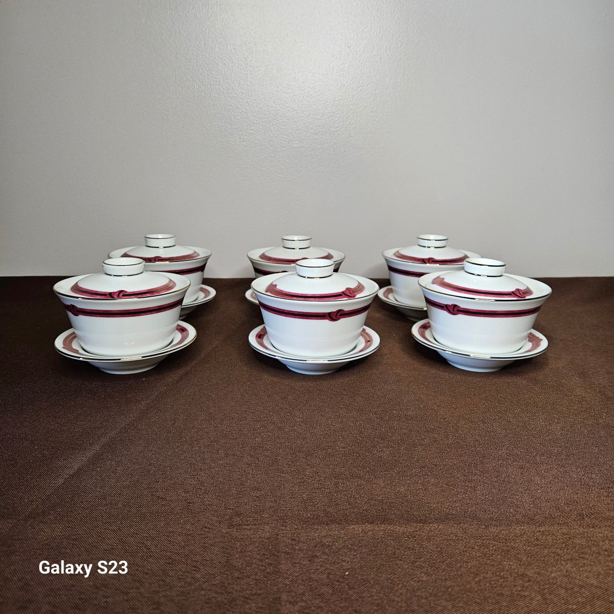 Christofle Red Rubanea Six Chinese Teacups