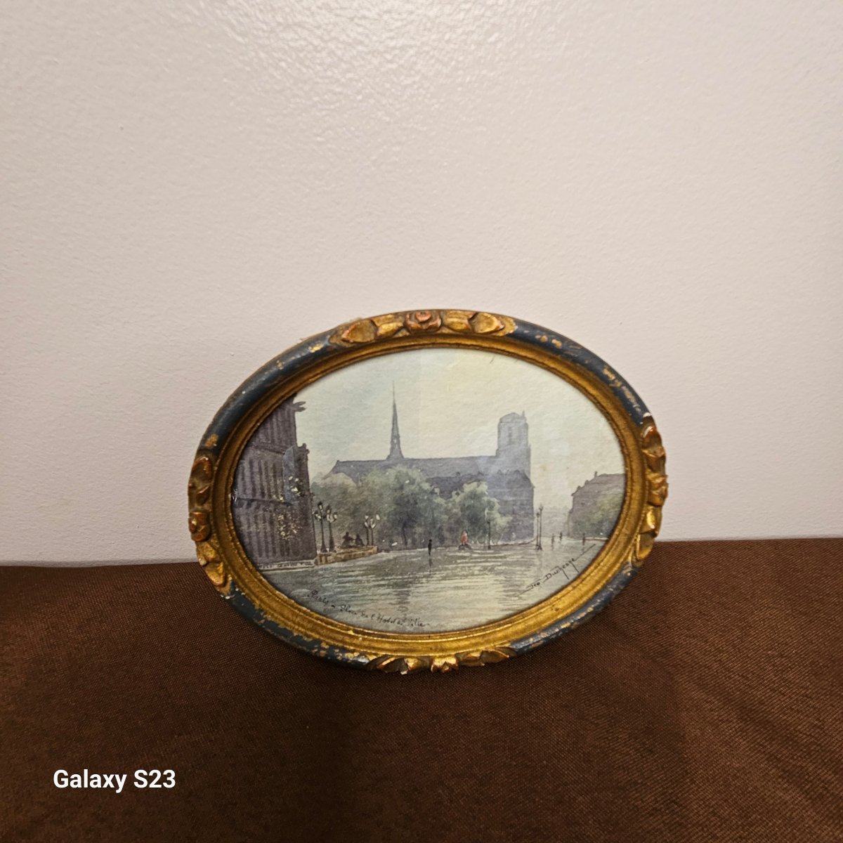 Miniature Oval Watercolor Signed Géo Duchesne "notre Dame Seen From The Town Hall Square"-photo-2