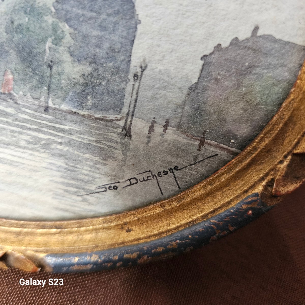 Miniature Oval Watercolor Signed Géo Duchesne "notre Dame Seen From The Town Hall Square"-photo-4
