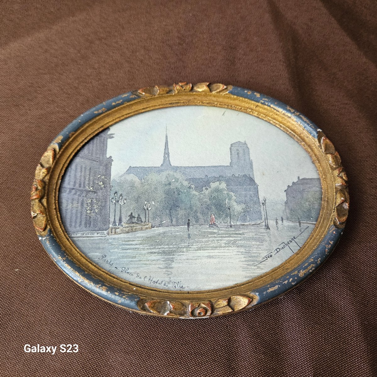 Miniature Oval Watercolor Signed Géo Duchesne "notre Dame Seen From The Town Hall Square"-photo-1