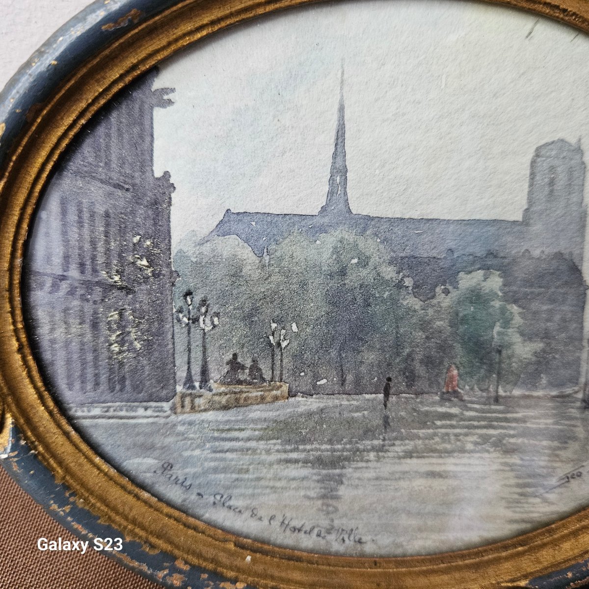 Miniature Oval Watercolor Signed Géo Duchesne "notre Dame Seen From The Town Hall Square"-photo-2