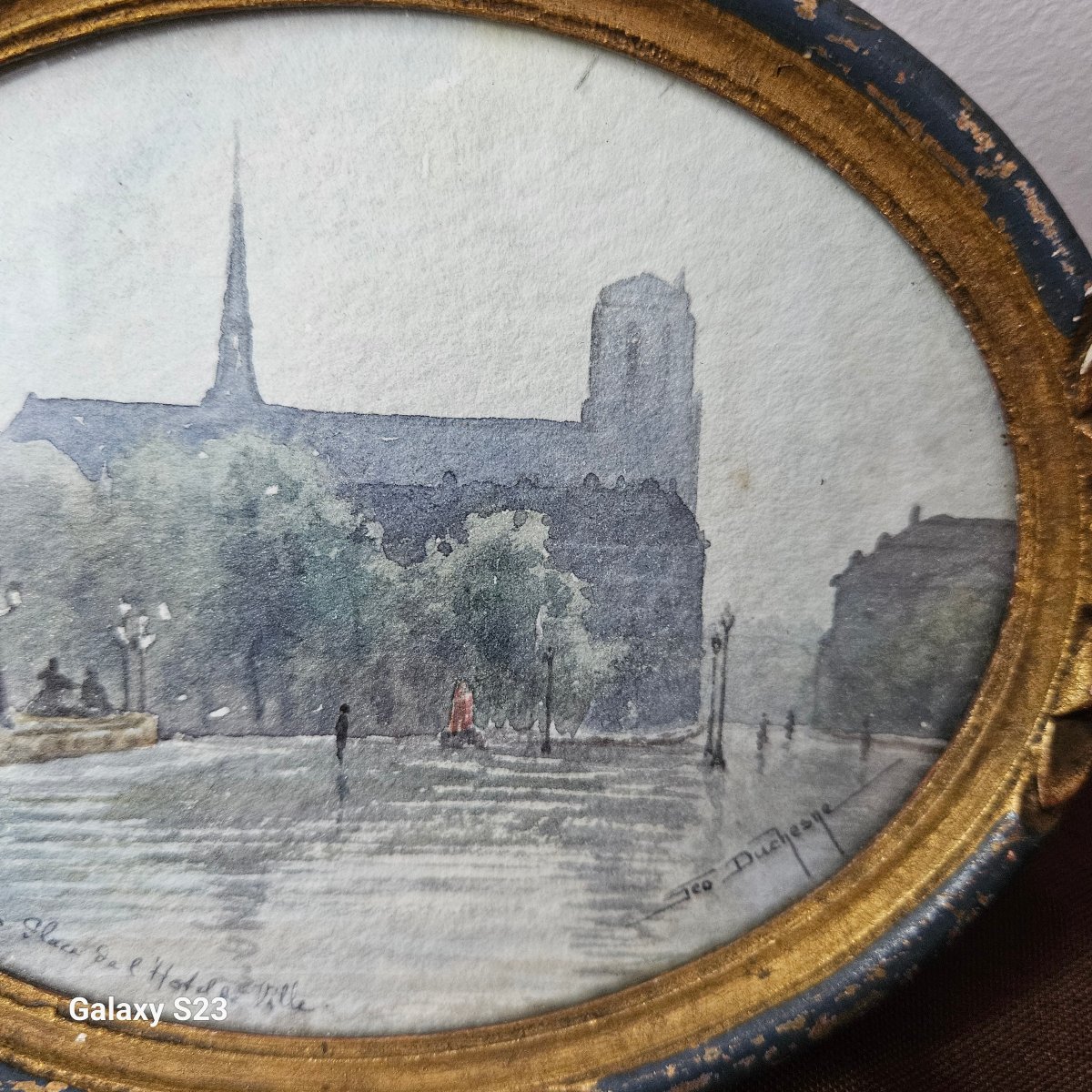 Miniature Oval Watercolor Signed Géo Duchesne "notre Dame Seen From The Town Hall Square"-photo-3