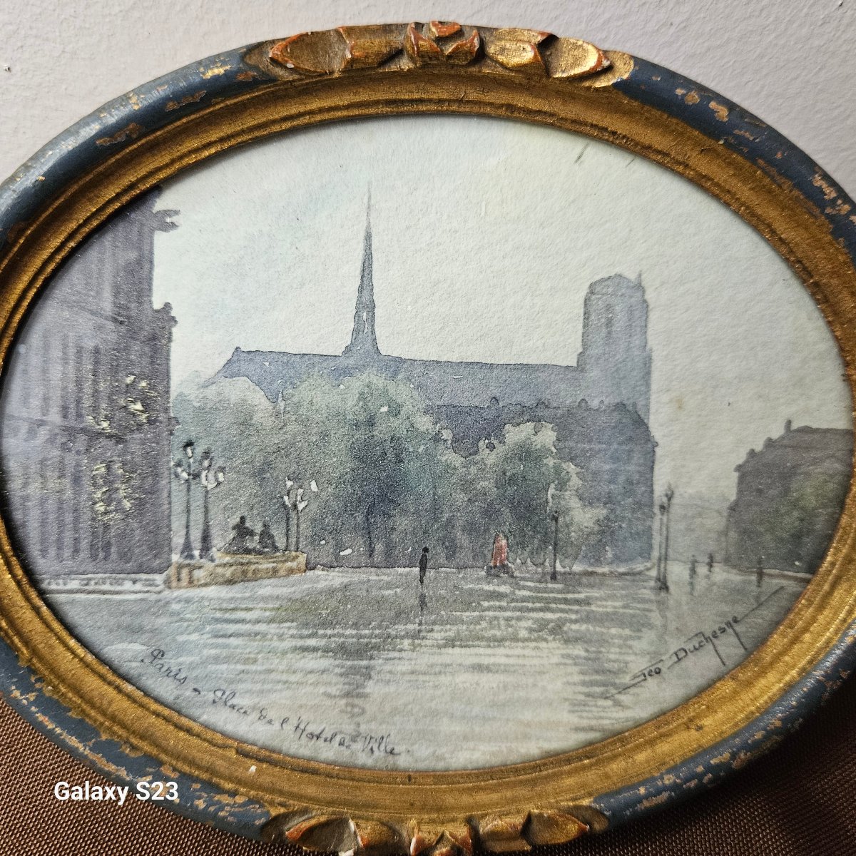 Miniature Oval Watercolor Signed Géo Duchesne "notre Dame Seen From The Town Hall Square"-photo-4