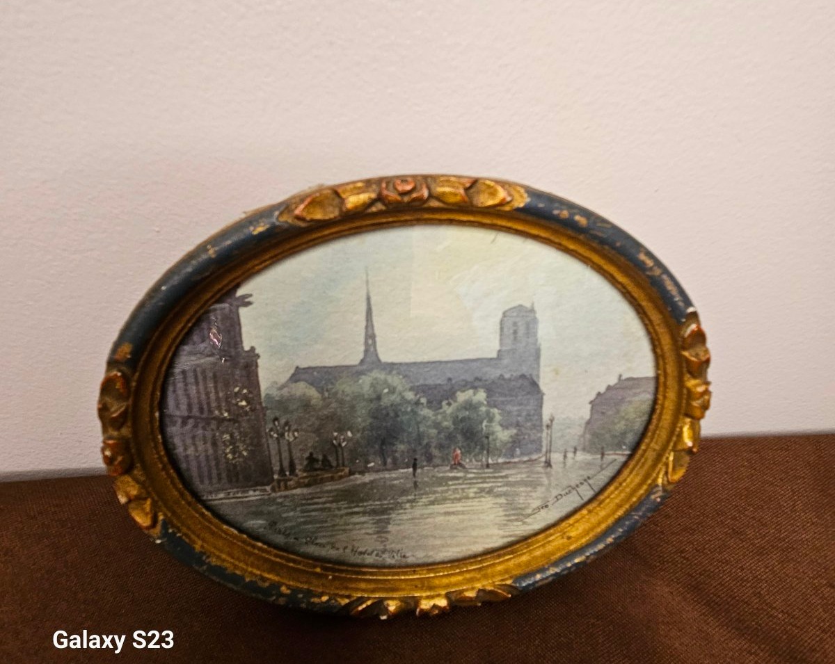 Miniature Oval Watercolor Signed Géo Duchesne "notre Dame Seen From The Town Hall Square"