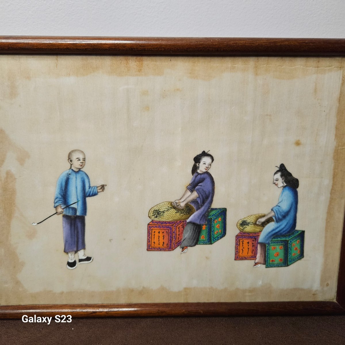 Ancienne peinture sur papier de riz Fumeur et deux femmes-photo-2