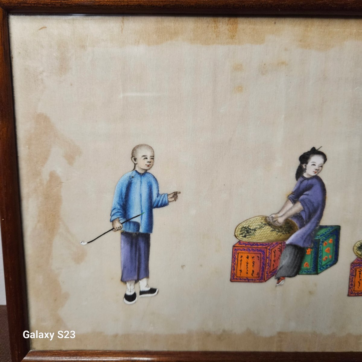 Ancienne peinture sur papier de riz Fumeur et deux femmes-photo-3