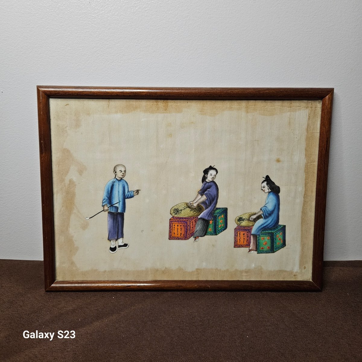 Ancienne peinture sur papier de riz Fumeur et deux femmes