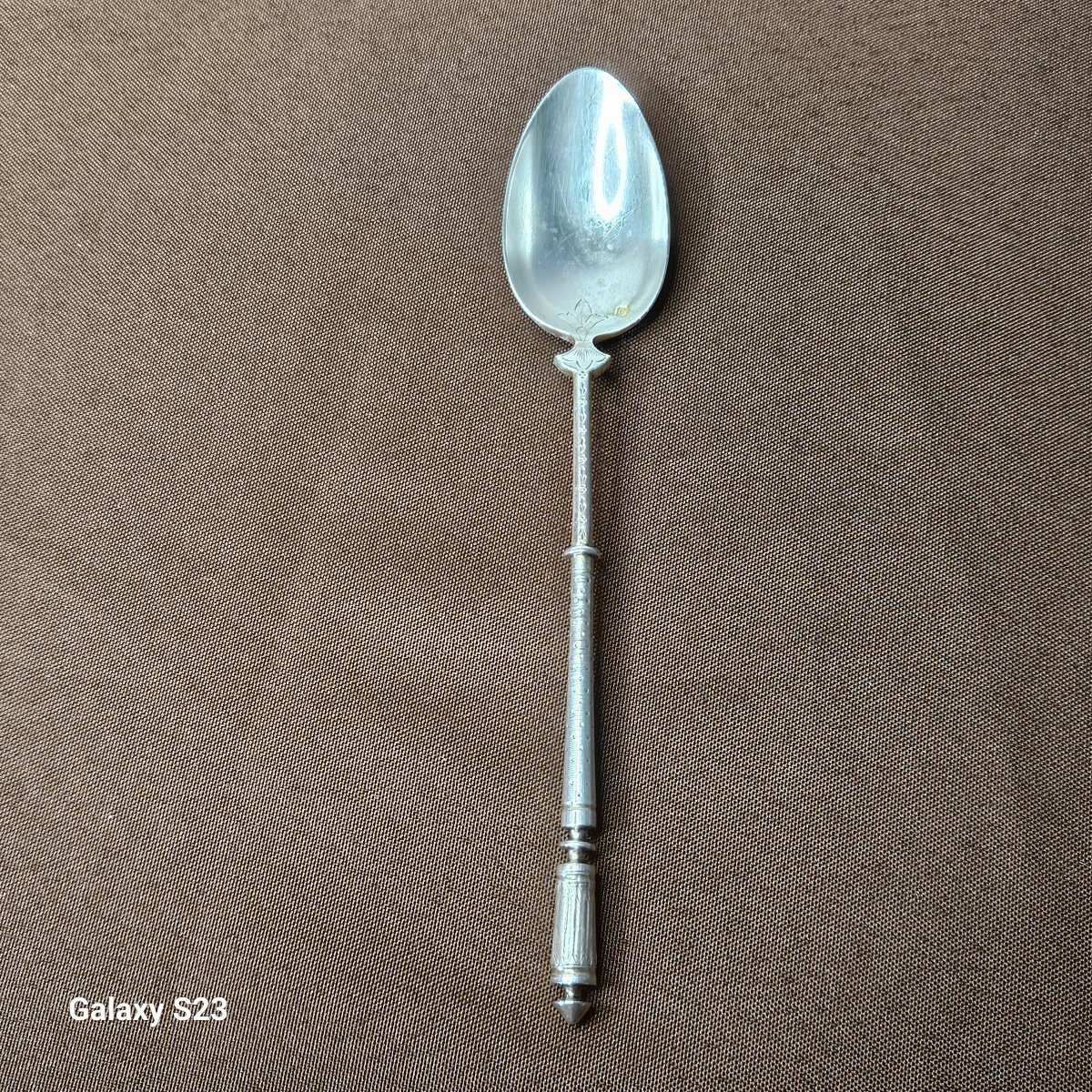 Silver Spoon, Minerva Hallmark, 1st Standard. 19th Century. Russian-style Decoration. Length 17-photo-2