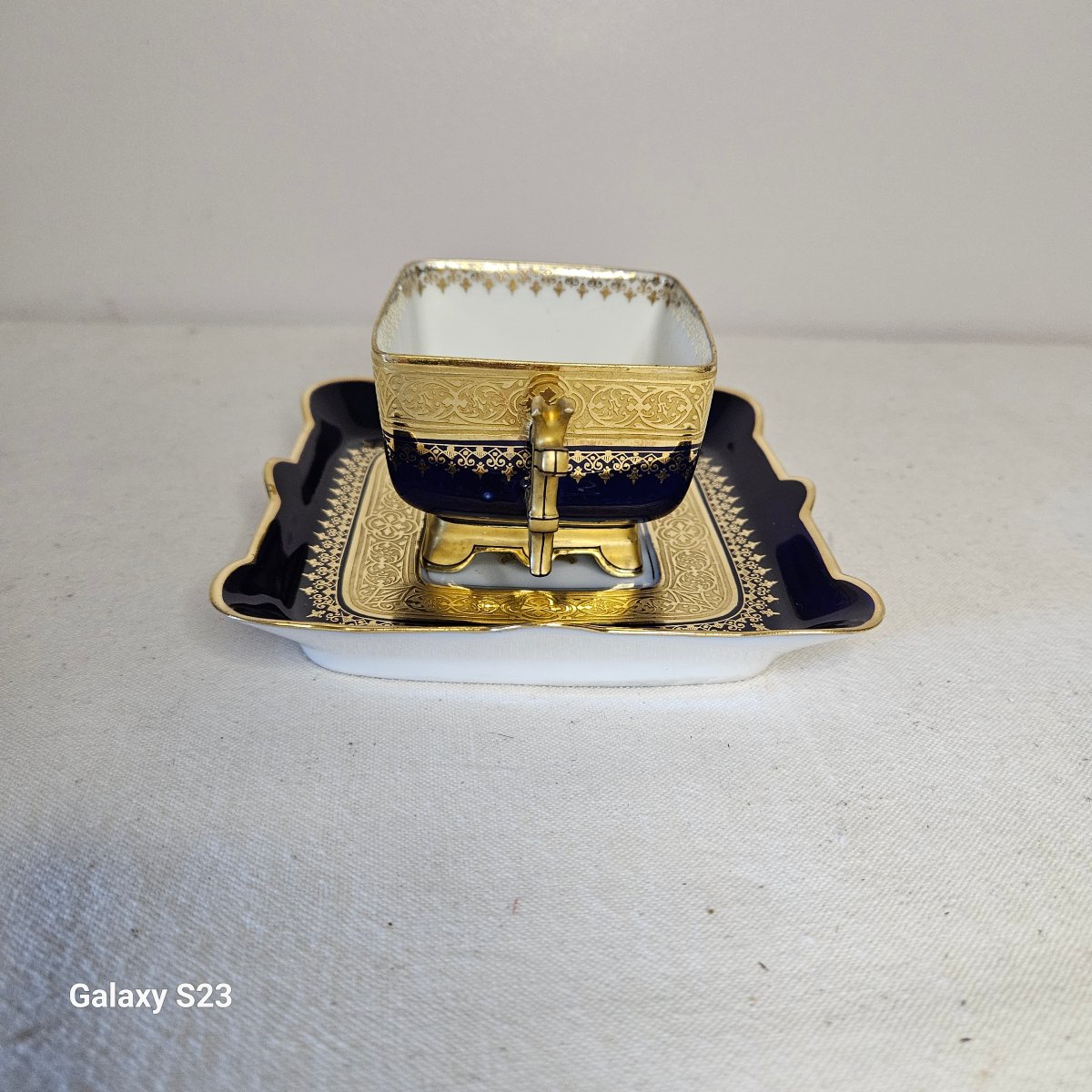 Rare Square Cup With Saucer, Jean Pouyat Limoges, Decorated In Blue And Gold.-photo-1