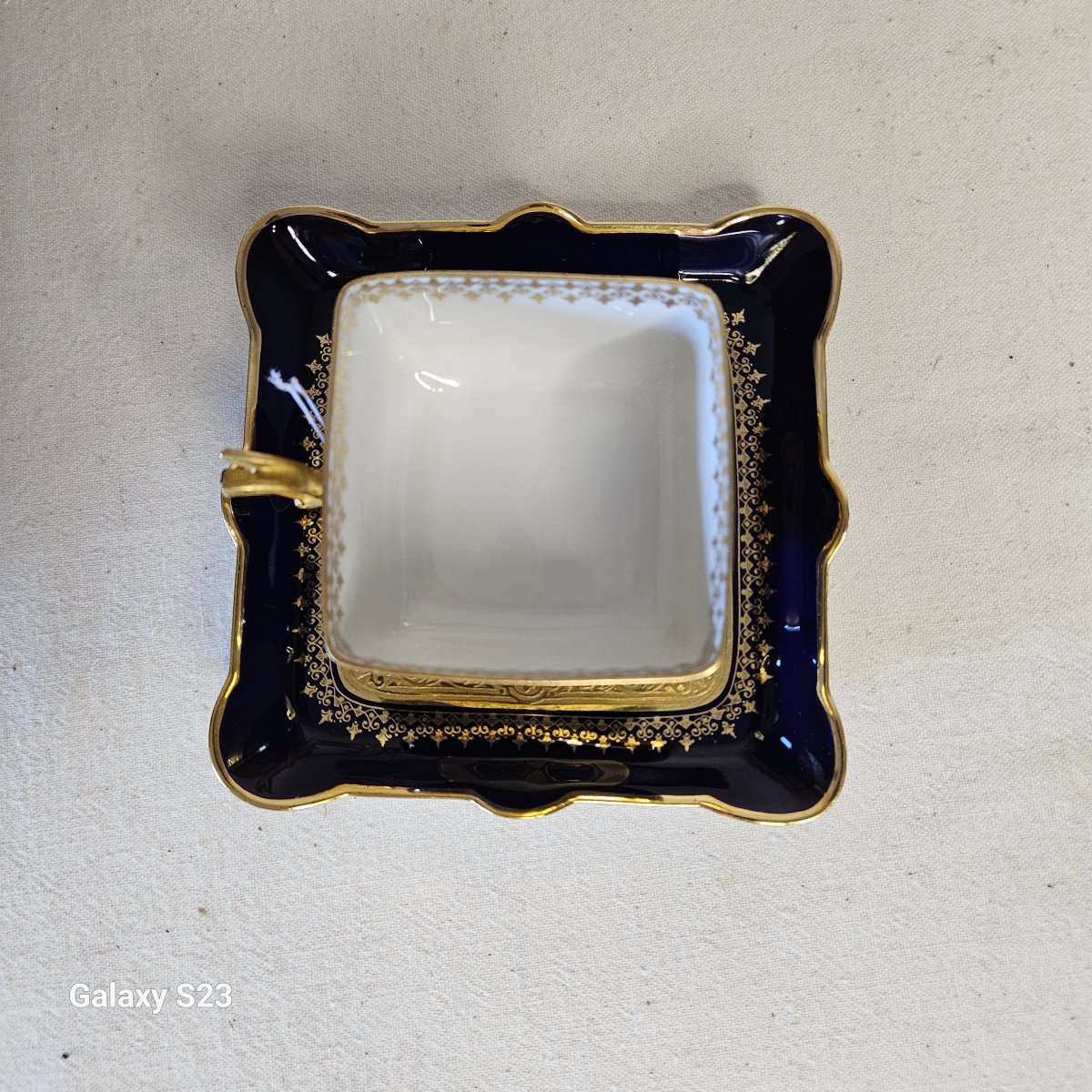 Rare Square Cup With Saucer, Jean Pouyat Limoges, Decorated In Blue And Gold.-photo-5