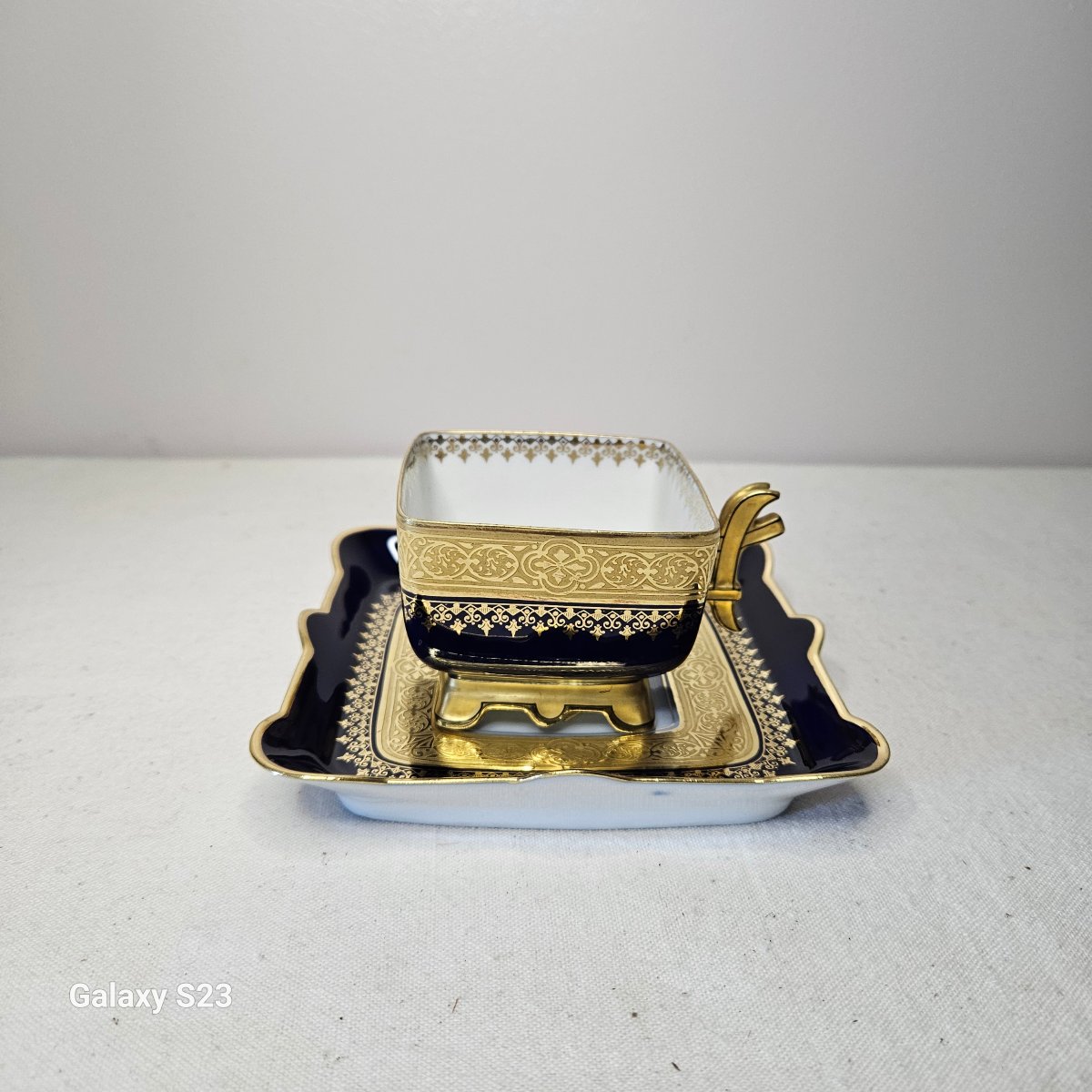 Rare Square Cup With Saucer, Jean Pouyat Limoges, Decorated In Blue And Gold.