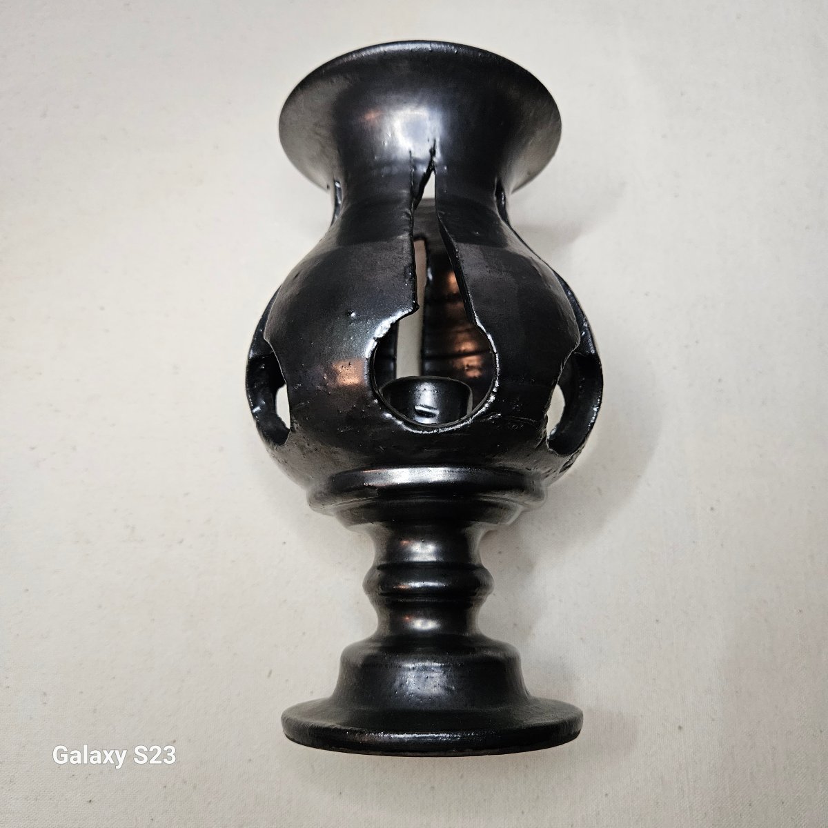 Jean Marais Pedestal-style Votive Candle Holder, In Black-glazed Terracotta With Metallic Highl-photo-2