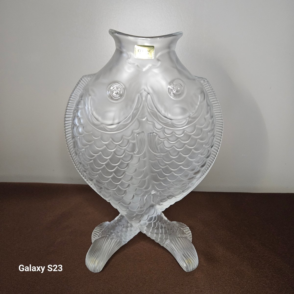 Christofle Crystal Vase Featuring Two Carp (fish), Height 33 Cm, In Excellent Condition-photo-3