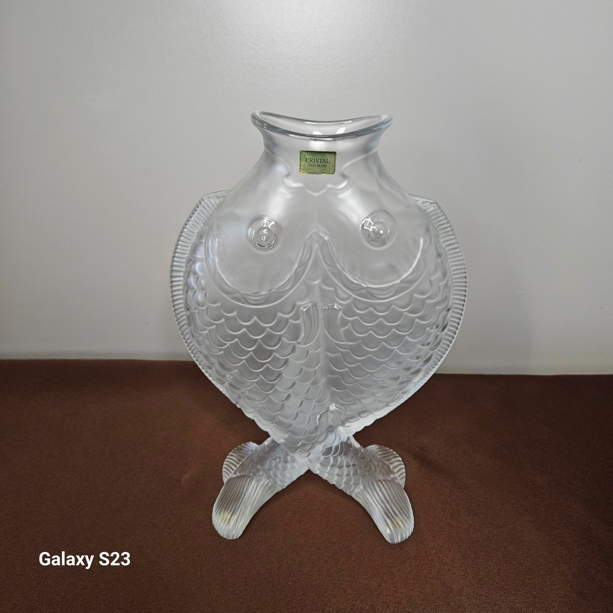 Christofle Crystal Vase Featuring Two Carp (fish), Height 33 Cm, In Excellent Condition