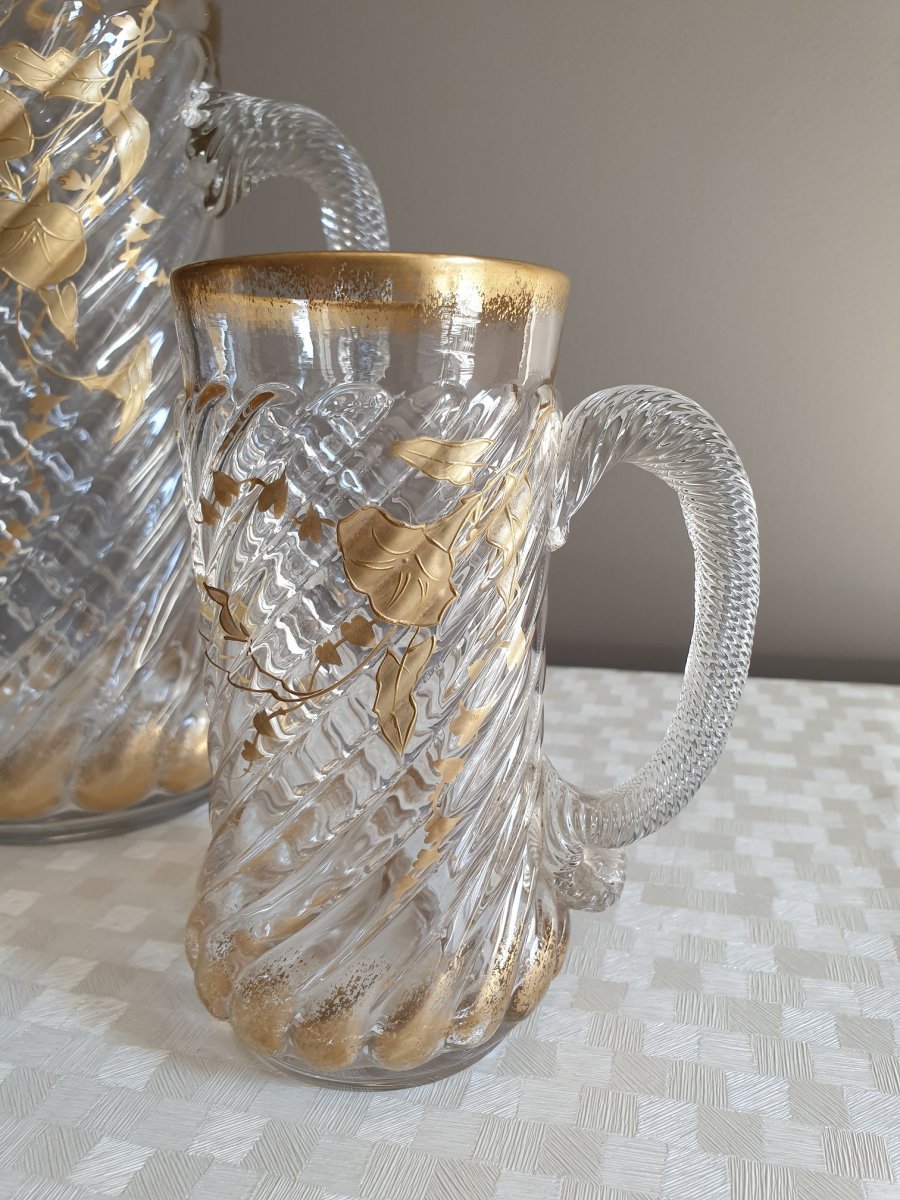Twisted And Gilded Orangeade Pitcher With Fine Gold And Three Assorted Glasses-photo-2