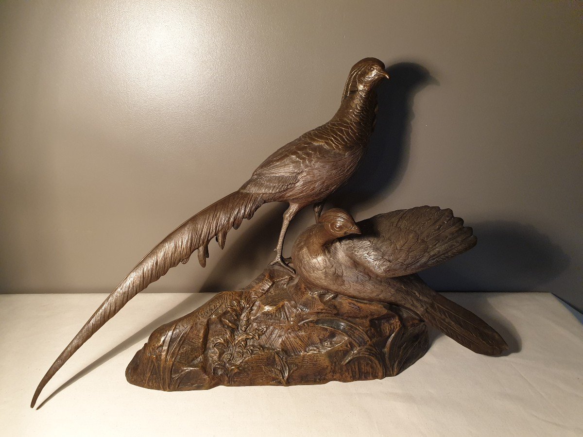 Sculpture G. Lavroff Couple Of Pheasants Bronze Signed, Numbered, Foundry Chardon-photo-3