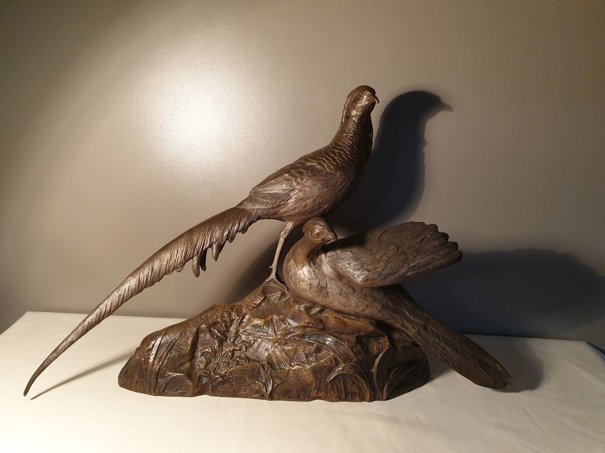 Sculpture G. Lavroff Couple Of Pheasants Bronze Signed, Numbered, Foundry Chardon