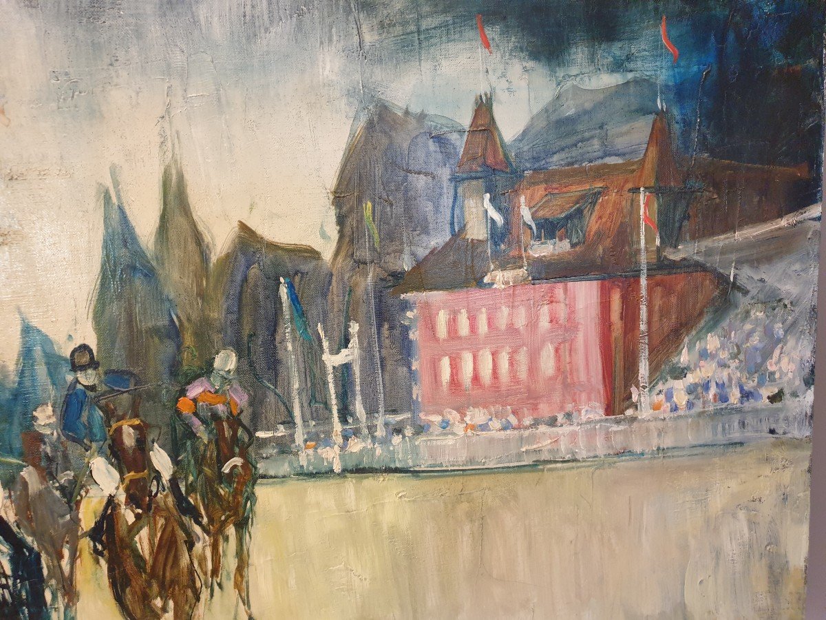 Bernard Lignon Huile sur toile "la course de chevaux" 65 cm x 92 cm-photo-1