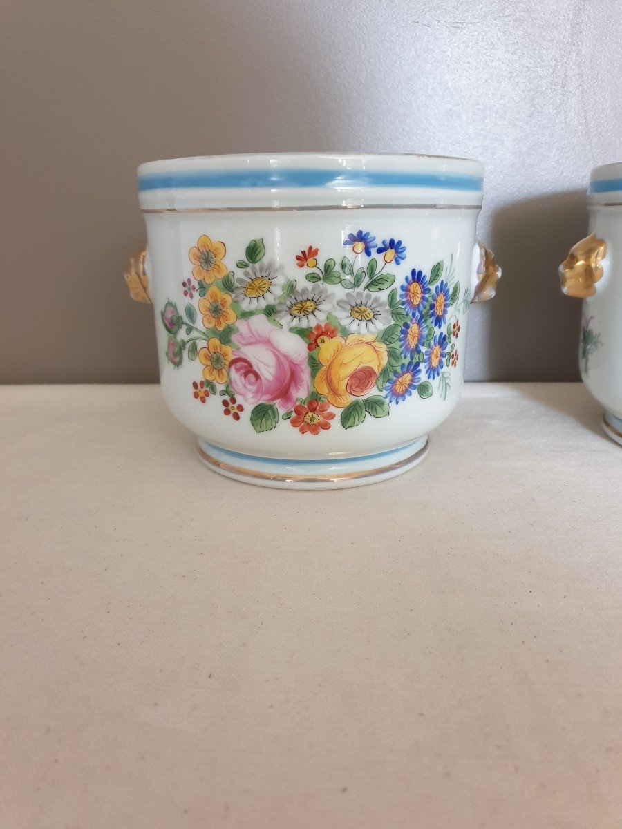 Paire De Cache-pots En Porcelaine De Paris Estampillés Ht 13.5 Cm-photo-1