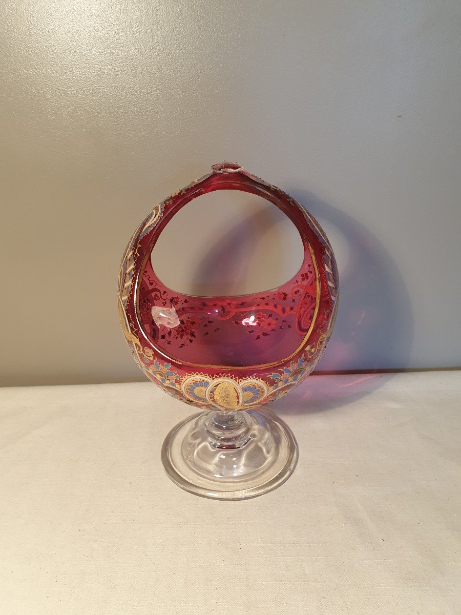Pink Glass Basket. The Decor Is Enamelled. Height 29cm-photo-2
