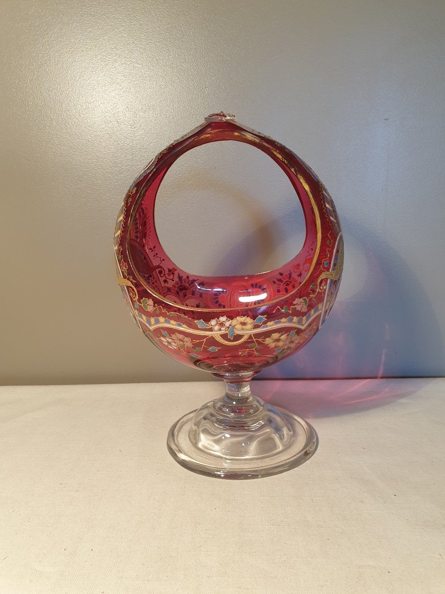 Pink Glass Basket. The Decor Is Enamelled. Height 29cm-photo-2