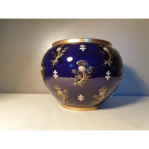 Lunéville Large Oven Blue Cache Pot Decorated With Crosses Of Lorraine And Thistles