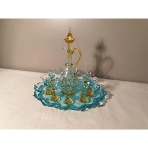Georges Sand Yellow And Blue Liqueur Service With Its Blue Moving Tray