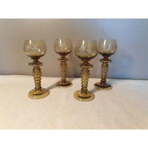 Four Hock Rhine Wine Glasses In Crystal And Blown Smoked Glass.