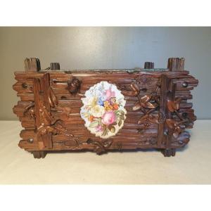 Tahan. Signed Carved Wood Planter. Decor Of Planks, Leaves And Insects