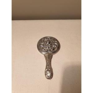 Very Small Rocaille Style Hand Face Mirror In Silver Metal