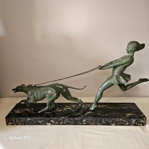 Art Deco Sculpture Signed Géo Maxim: The Girl With Greyhounds 