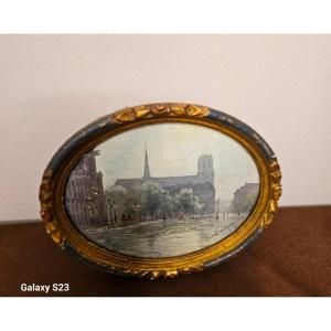 Miniature Oval Watercolor Signed Géo Duchesne "notre Dame Seen From The Town Hall Square"