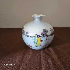 Small Limoges Vase By A. Lanternier. Country Scene. Hand-painted And Partially Glazed.