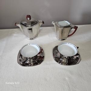 Rare Art Deco Limoges Tête-à-tête Set With Silver-effect Metal And Bakelite-style Decoration.