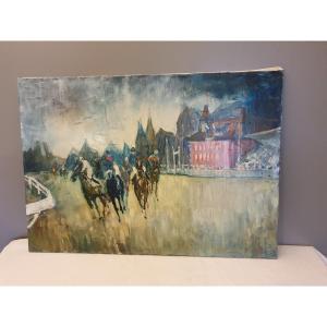 Bernard Lignon Oil On Canvas  "the Horse Race" 65 X 92 Cm