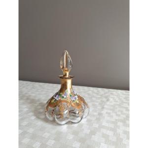 Polylobed Perfume Bottle, Golden And Enamelled With Flowers