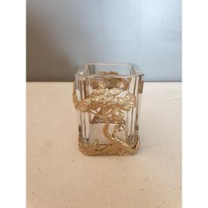 Small Quadrangular Crystal Vase Golden Metal Frame