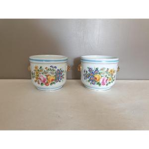 Paire De Cache-pots En Porcelaine De Paris Estampillés Ht 13.5 Cm