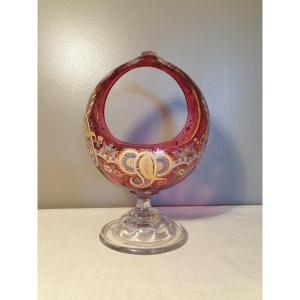 Pink Glass Basket. The Decor Is Enamelled. Height 29cm