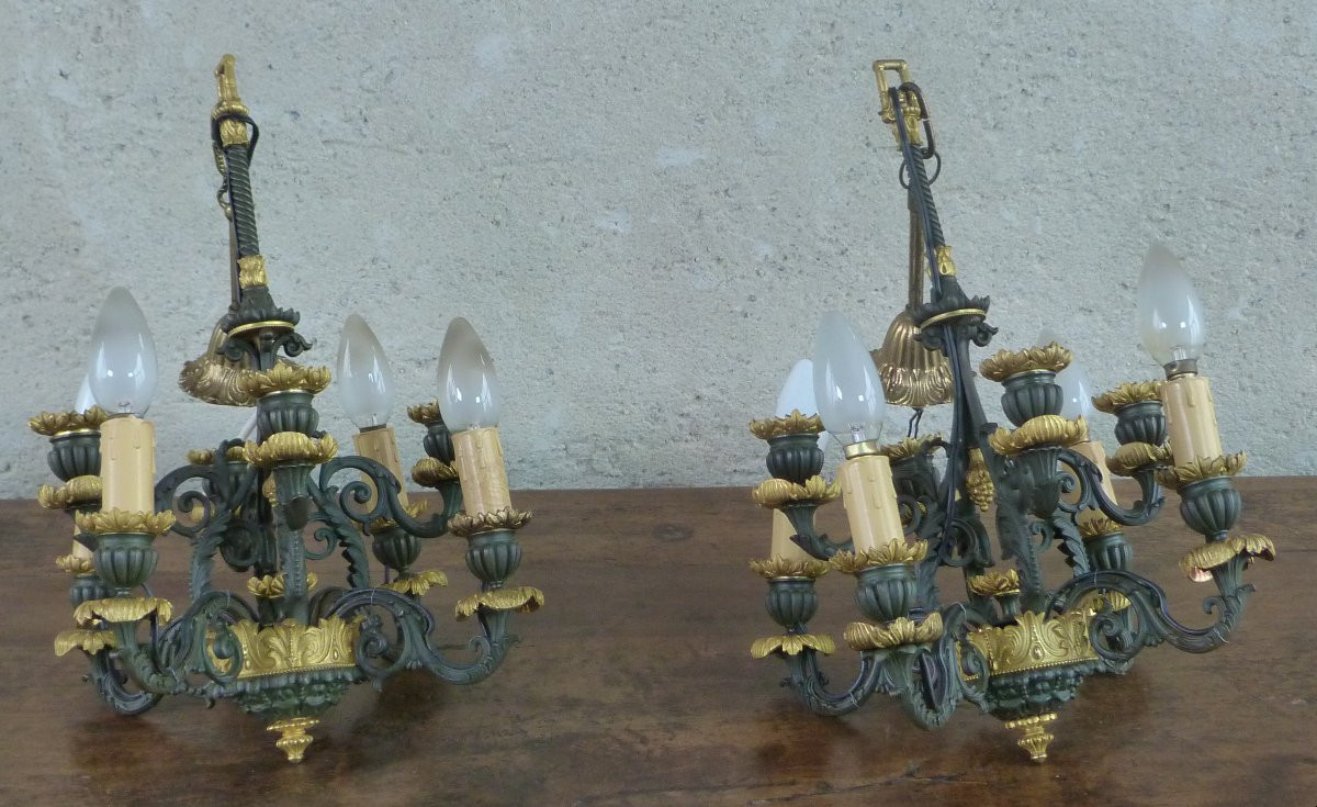 Pair Of Chandeliers In Patinated Bronze And Gilded Bronze With Fine Gold -photo-1