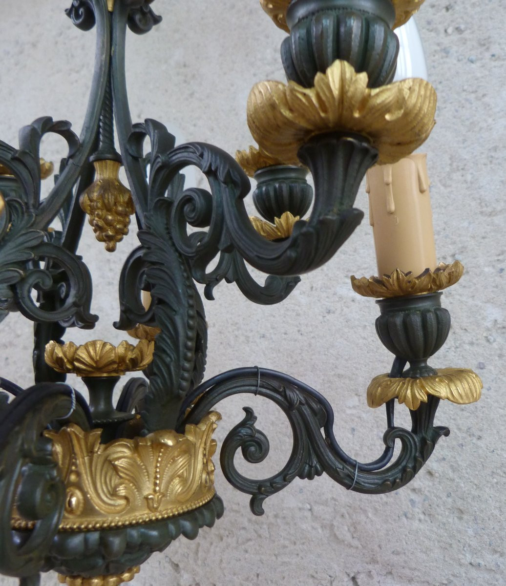 Pair Of Chandeliers In Patinated Bronze And Gilded Bronze With Fine Gold -photo-4