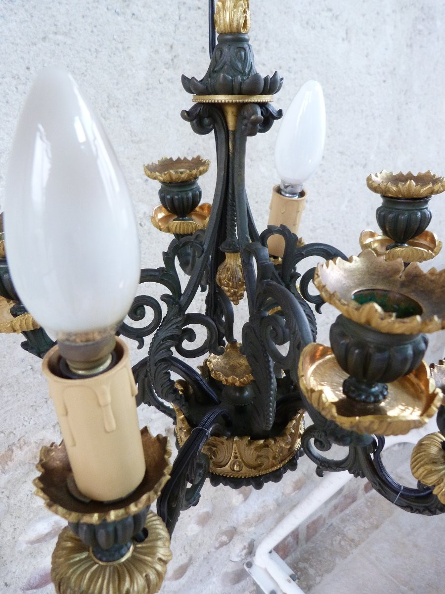 Pair Of Chandeliers In Patinated Bronze And Gilded Bronze With Fine Gold -photo-6